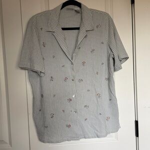 Vintage 90s Gingham Floral Button Up Blouse Shoulder Pads Cottagecore Top L
